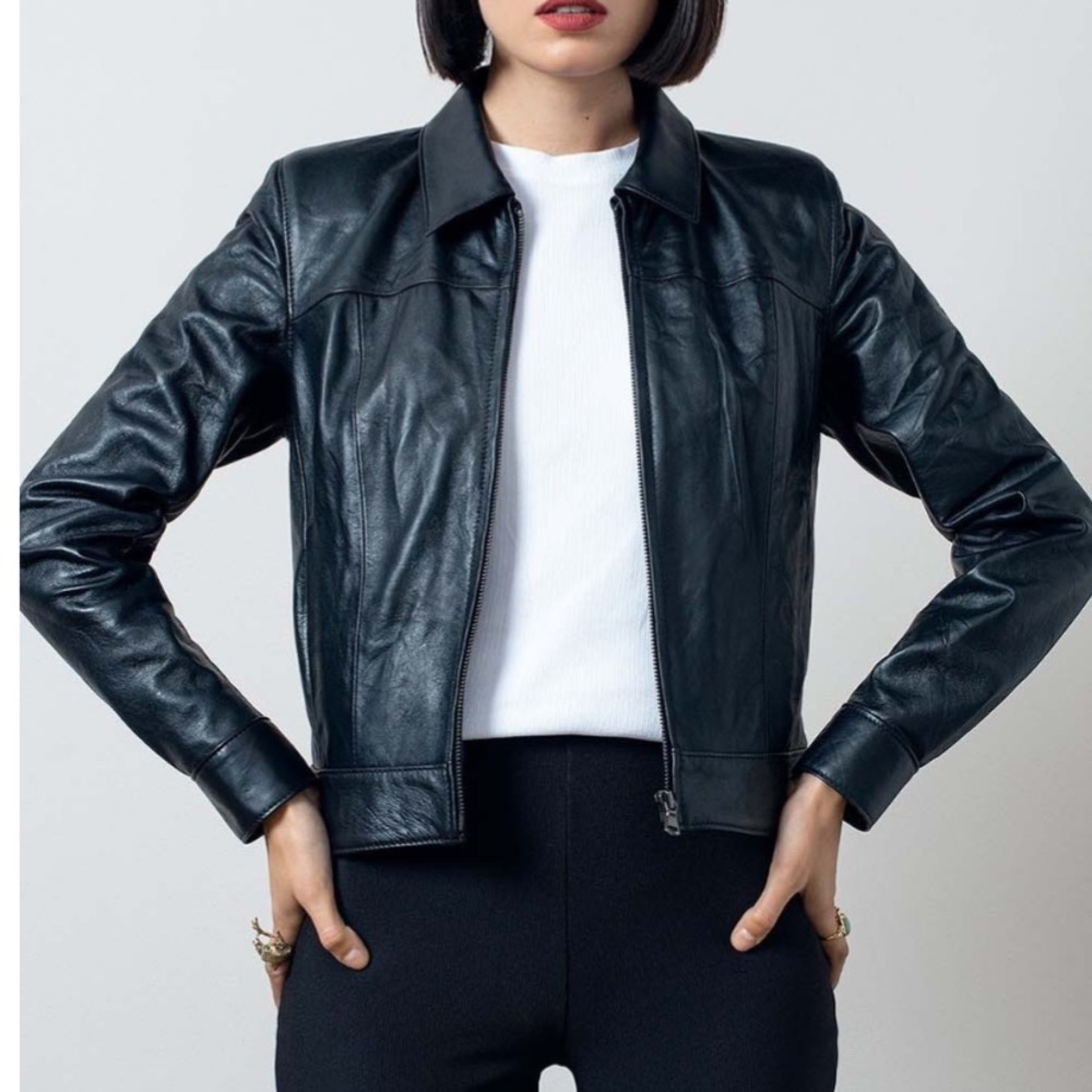 Dks by Simon Black Leather Jacket Sz 3 (XS) Made in France